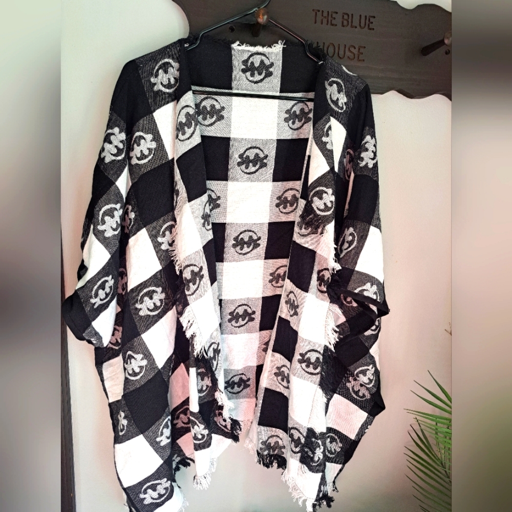 Adinkra African Print Boho Black/ White Fringe Poncho One Size Fits Most